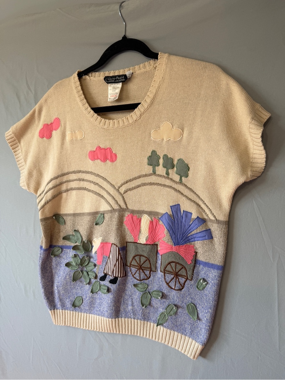 Vintage Garey Petites Womens Sweater M Cream Grandmacore Embroidery Short Sleeve - Picture 3 of 6